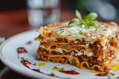 Piece of lasagna on white plate. KI generiert, generiert, AI generated
