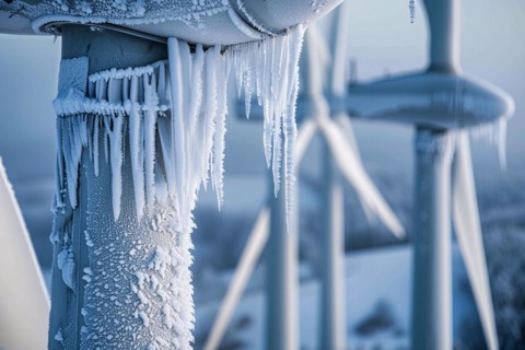 Close up of wind mill turbine covered in ice in winter. KI generiert, generiert, AI generated