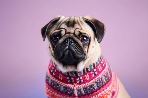 Pug dog with winter sweater on violet background. KI generiert, generiert AI generated