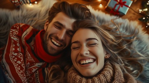 Young couple laying on their backs surrounded by christmas gifts and decorations laughing.