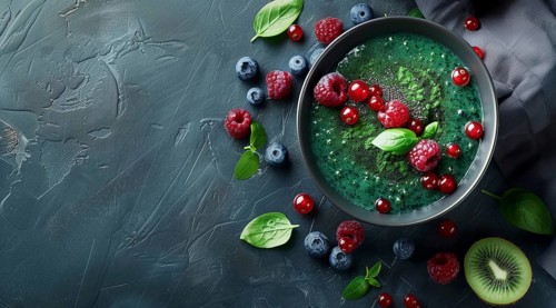 Flat lay view of acai bowl smoothie and Spirulina algae with berries. Healthy diet, AI generated