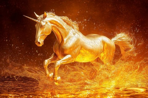 Mythical golden unicorn galloping in golden water, AI generated
