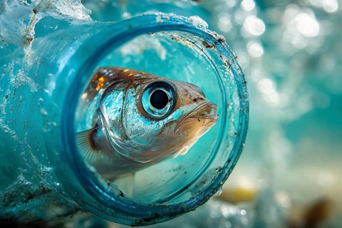 Close up of small fish in plastic bottle waste in ocean or river. Generative AI, AI generated