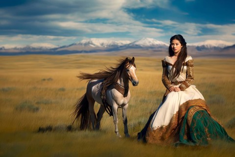 Beautiful young Mongolian woman with black hair floating in the wind standing in front of a horse