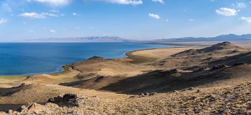 Mountain landscape with Lake Song Kul, Naryn region, Kyrgyzstan, Asia