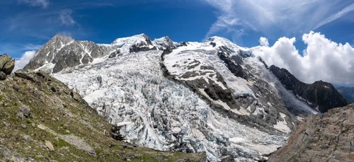 High alpine glaciated mountain landscape, La Jonction, Glacier des Bossons meets Glacier de