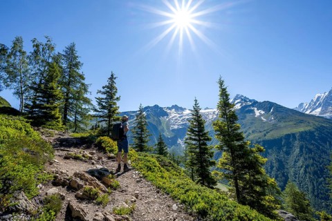Mountain panorama on hiking trail, Mountain panorama with glaciated mountain peaks, Hike to