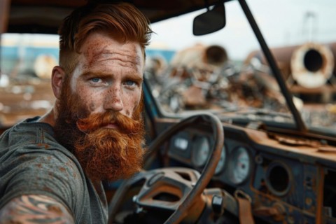 A red-haired man with a full beard, a scrap dealer in work clothes sits behind the wheel of his
