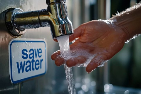 Cupped hands catching water from water tab with sign 'Save water'. Generative AI, AI generated