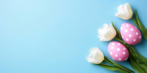 Pink Easter eggs with golden dots and white tulip flowers on blue background. Generative AI, AI