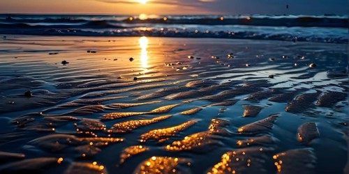 Sunset mood on a whispering tranquil costal landscape with sandy beach, AI generated