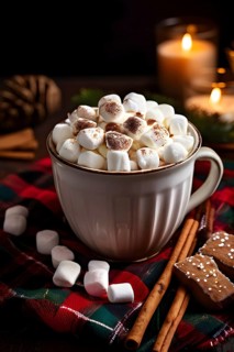 A close-up of a steaming cup of hot cocoa topped with marshmallows, surrounded by cinnamon sticks,