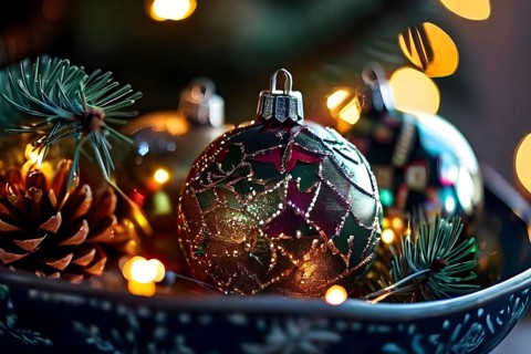 Christmas tree ornaments in a bowl, featuring a mix of glass baubles, pine cones, and fairy lights,