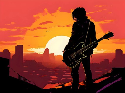Illustration of a rock star silhouette clutching guitar against abstract urban skyline morphing