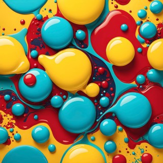 Abstract image with vibrant blue and red blobs and liquid shapes on a yellow background, AI