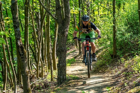 Brammentrail, mountain bike trail on the Schurenbach spoil tip, in Essen North Rhine-Westphalia,