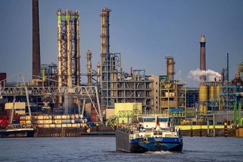 Backdrop of Chempark Leverkusen, Bayer Leverkusen, chemical park, chemical plant, river Rhine,