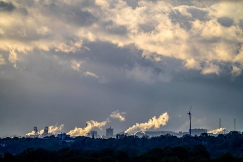 View of Duisburg-Bruckhausen, Marxloh, steelworks, blast furnaces, coking plant, skyline of