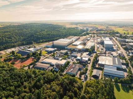 Industrial area surrounded by forest and landscape, numerous buildings and streets under a clear