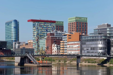 Skyline Media Harbour, Colorium high-rise with Innside Hotel, Sign office tower, Düsseldorf Media