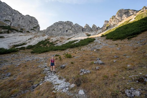 Hiker on the Grad, Bavarian and Austrian Schinder, Tegernsee mountains in the Mangfall mountains,