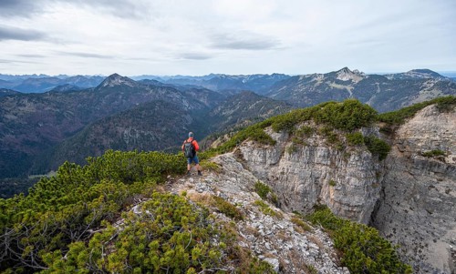 Hiker on the Schinder, Tegernsee mountains in the Mangfall mountains, Germany, Europe