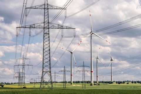 Wind farm north-east of Marsberg, Hochsauerlandkreis, high-voltage line, electricity pylons, North