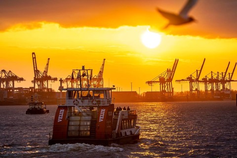 Port of Hamburg, view of the Blohm + Voss shipyard, evening, cranes of the container terminals,