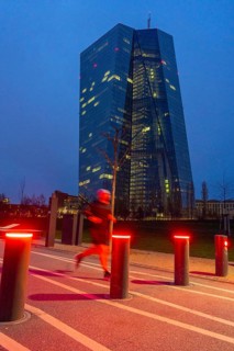 Building of the European Central Bank, ECB, on the Main in Frankfurt, barrier bollards on the banks