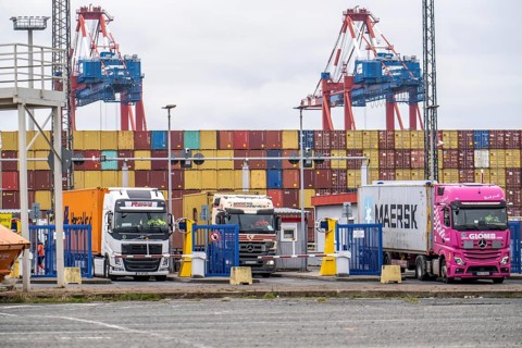 Entry and exit for container lorries, to the MSC container terminal in the seaport of Bremerhaven,