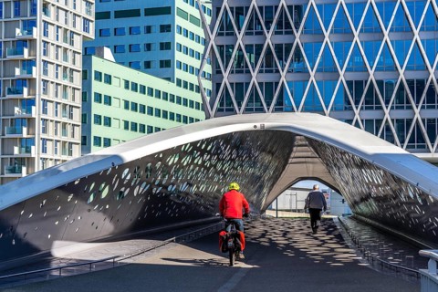 The Parkbruk, cycle and pedestrian bridge in the city centre of Antwerp, crosses a multi-lane city
