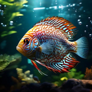 Majestic discus fish gliding serenely dappled sunlight filtering through tranquil surface, AI