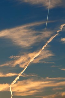 Evening sky with cirrus clouds (Cirrus) and streaks of condensation, Bayer, Germany, Europe