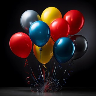 AI generated cluster of vibrant helium balloons floating against a grey background