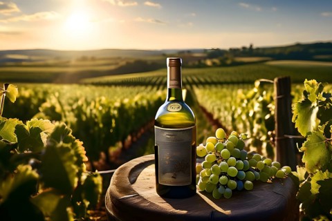 Aged bottle of wine glowing under the low sun with a vineyard in the background, AI generated