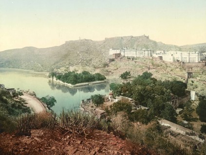 Jeypore, Jaipur. Amber Castle, India, digitally restored reproduction from a 19th century original,