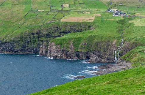 Coastal view with waterfall and Vidareidi village, Vidoy Island, Viðareiði, Viðoy Island, Faroe