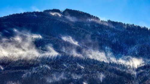 Misty mountains with snow and dense forests under a blue sky, Bad Feilnbach