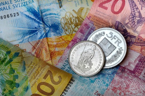 Swiss coins on banknotes, Switzerland, Europe