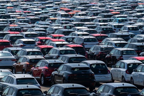 Car terminal in the Logport I inland port, in Duisburg on the Rhine, vehicle handling of new cars,