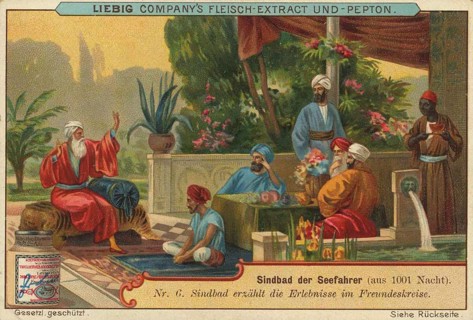 Picture series 1001 Nights, Sinbad the Sailor, 6, Sinbad recounts his adventures to his friends,