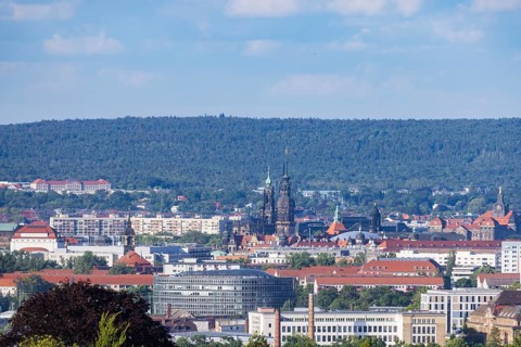 Cityscape Dresden with buildings Ammonhof, theatre, Annenkirche, Hofkirche, Residenzschloss,
