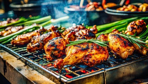 Food, grilled chicken pieces at a grill station, AI generated, AI generated