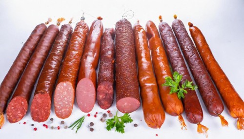 Food, meat products, various smoked sausages on a white surface AI generated, AI generated