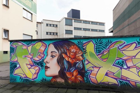 Woman with flowers in her hair, coloured mural in front of industrial building, graffiti,
