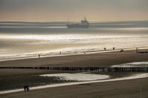 Evening mood at the North Sea beach near Zoutelande, Zeeland, angler, walker, breakwater, cargo