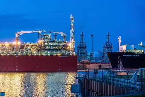 EemsEnergyTerminal, floating LNG terminal in the seaport of Eemshaven, tankers bring liquefied