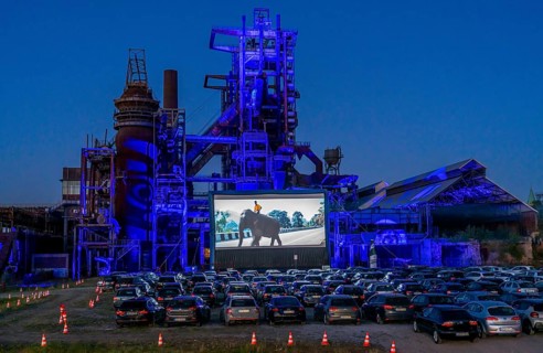 Drive-in cinema Dortmund, against the backdrop of the former blast furnace plant Phönix-West in