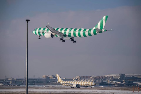 Condor Airbus A330-900 approaching Frankfurt Airport FRA and on the taxiway, Fraport, in winter,