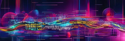 Abstract data stream flowing like liquid light, with sharp lines of code and binary numbers